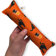 Load image into Gallery viewer, Rattle Catnip Kicker Toy - Black Halloween Cats on Orange