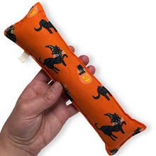 Load image into Gallery viewer, Rattle Catnip Kicker Toy - Black Halloween Cats on Orange
